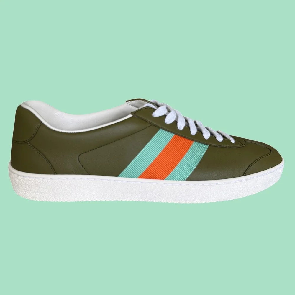 Gucci G74 Leather Sneakers Olive Green Blue Orange Web Stripe 858981 Mens 9G